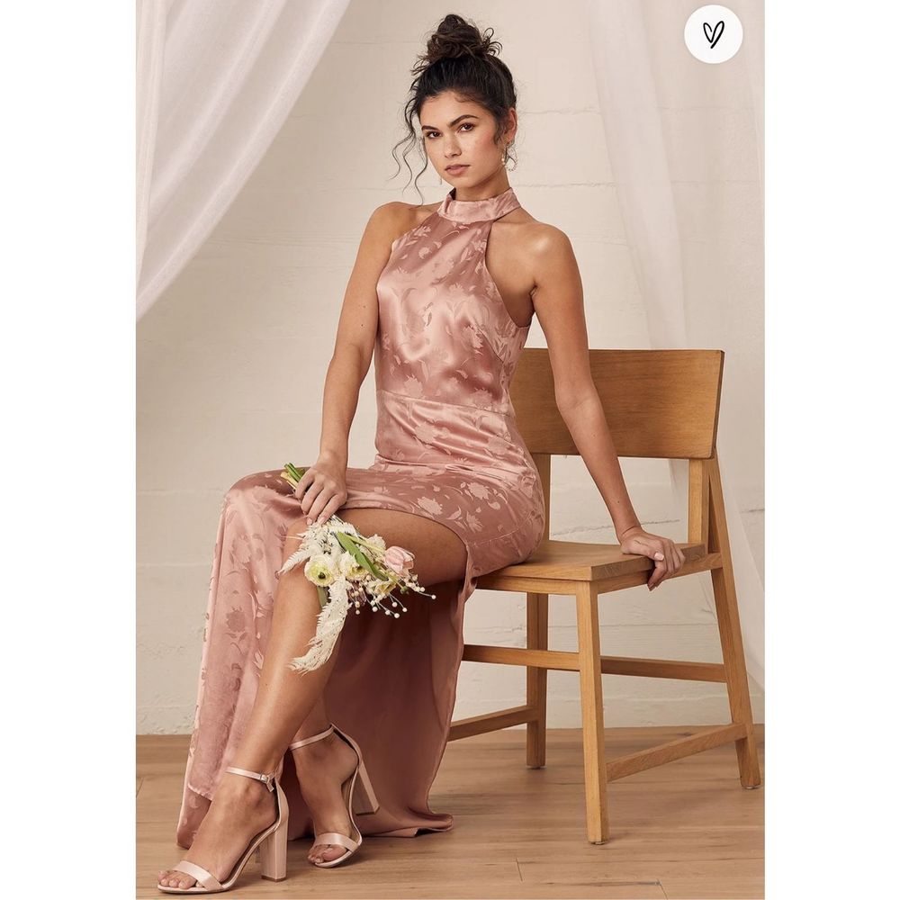 Lulus Red Carpet Ready Light Rose Floral Satin Jacquard Maxi Dress Size S